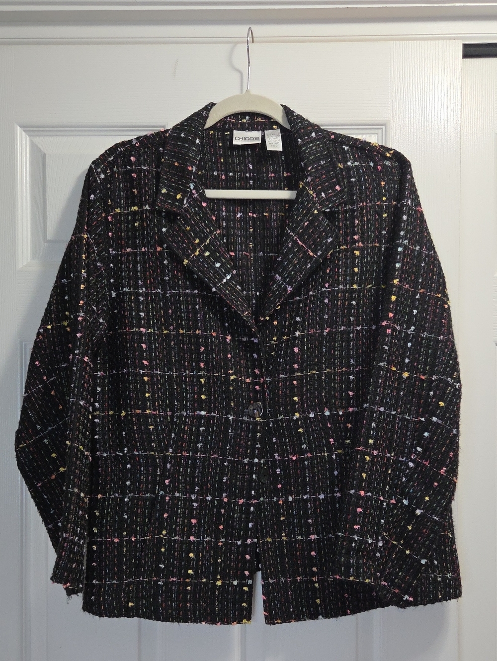 Chico's Black Tweed Jacket with Pink, Yellow & Blue Flecks